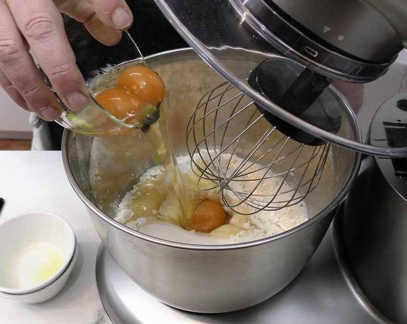 step 1 In a mixing bowl add Milk (9 oz), Cream (3.5 oz), All-Purpose Flour (1 2/3 cups), Granulated Sugar (3 Tbsp), Butter (1 1/2 Tbsp), Eggs (3), and Salt (1 pinch). Mix on high speed for 4-5 minutes.