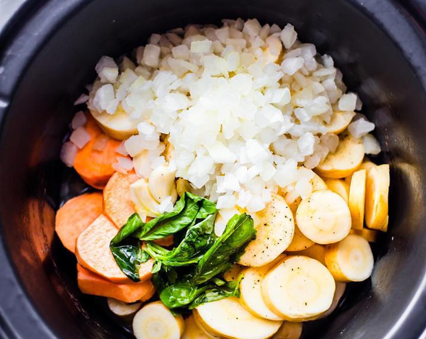 step 1 Make sure your Parsnips (4), Sweet Potato (1), and Onion (1 cup) are peeled and sliced or chopped.