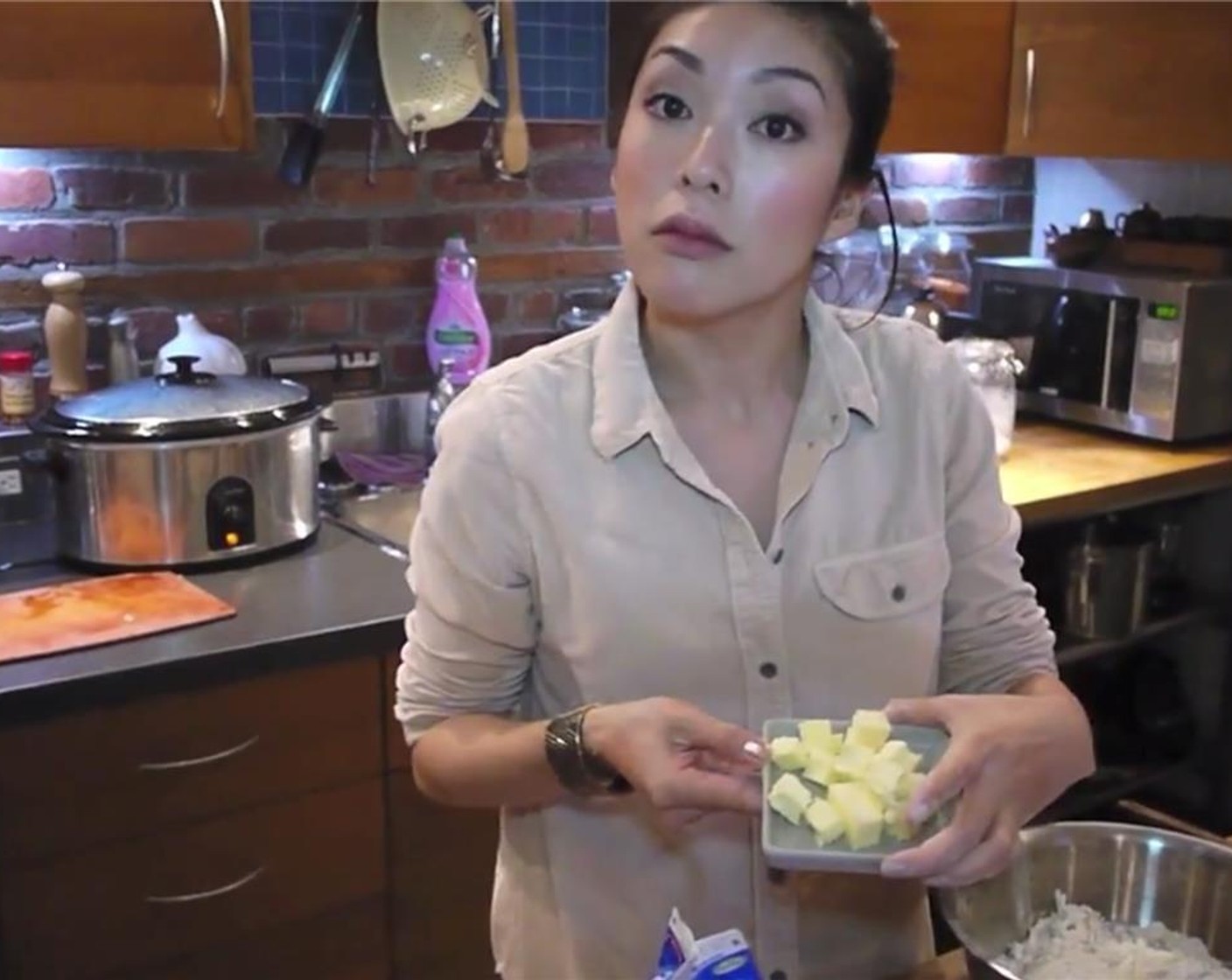 step 6 Add Butter (1/4 cup) that has been cut into cubes into the flour mixture. Use your hands or a dough blender to mix in the butter into the flour.