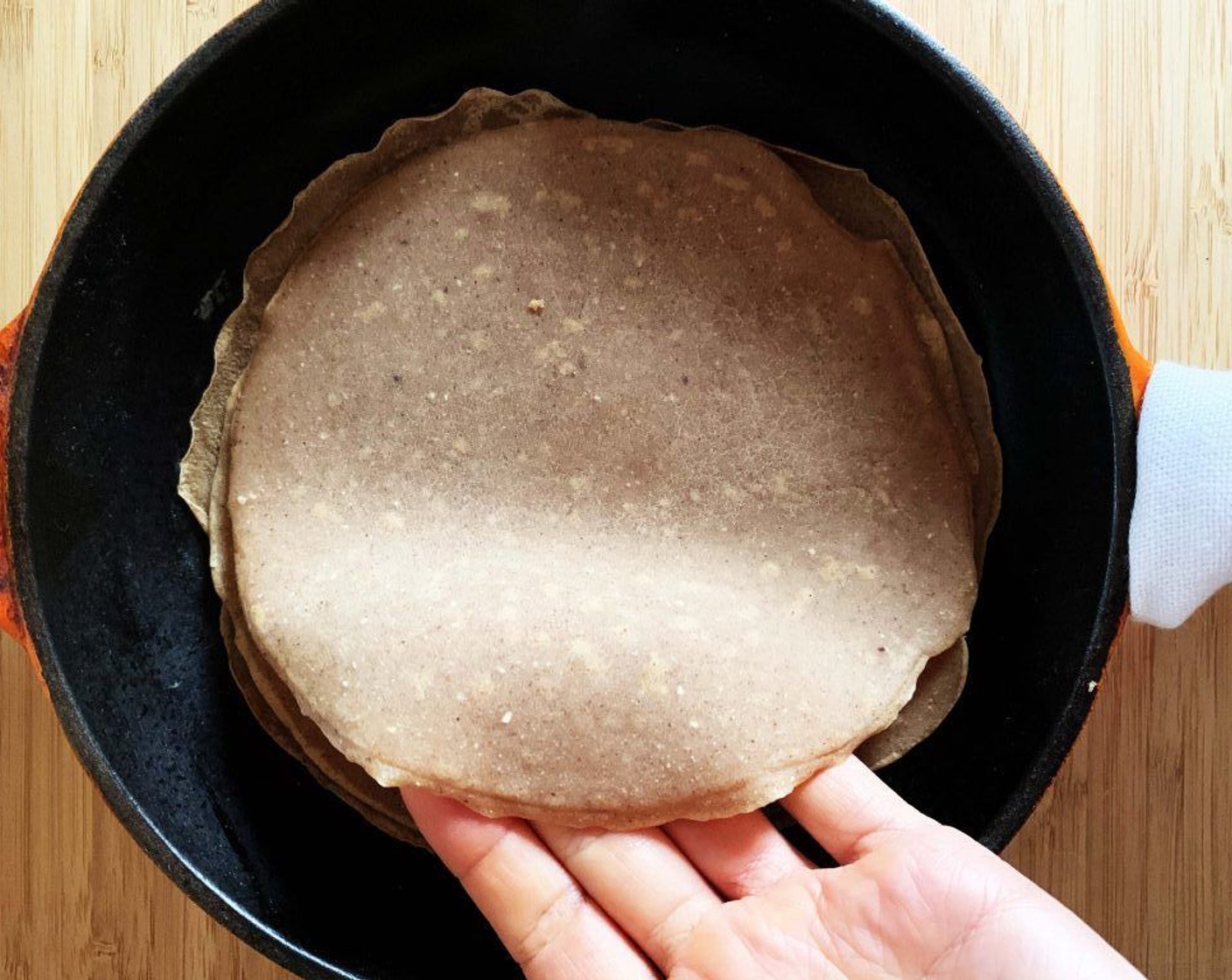 step 3 When the edges start to get off the pan, flip off your crepe and cook it on the other side for 1 minute. Transfer to a warm plate, cover with a towel and continue with the remaining batter. You should get about 4 crepes.