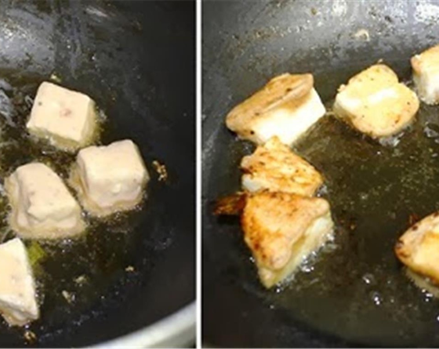 step 5 Add the paneer cubes to the oil and fry till they are crisp on all sides.