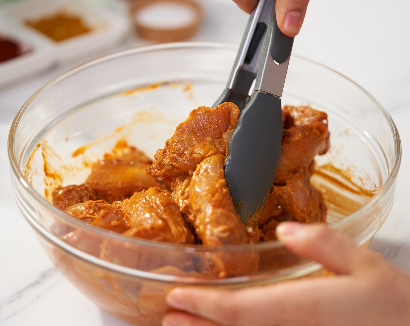 step 2 Add Boneless, Skinless Chicken Thighs (2 lb) to the marinade and mix until well coated. Cover and refrigerate for at least 1 hour.