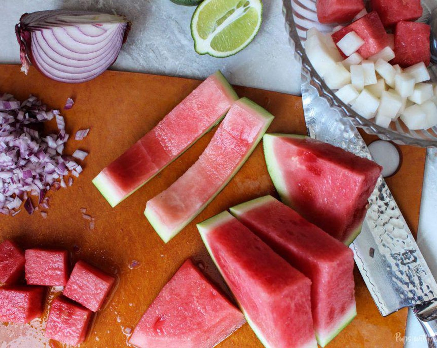 step 1 Chop the Watermelon (1/2) and the Pickled Daikon Radish (1 cup) in cubes.