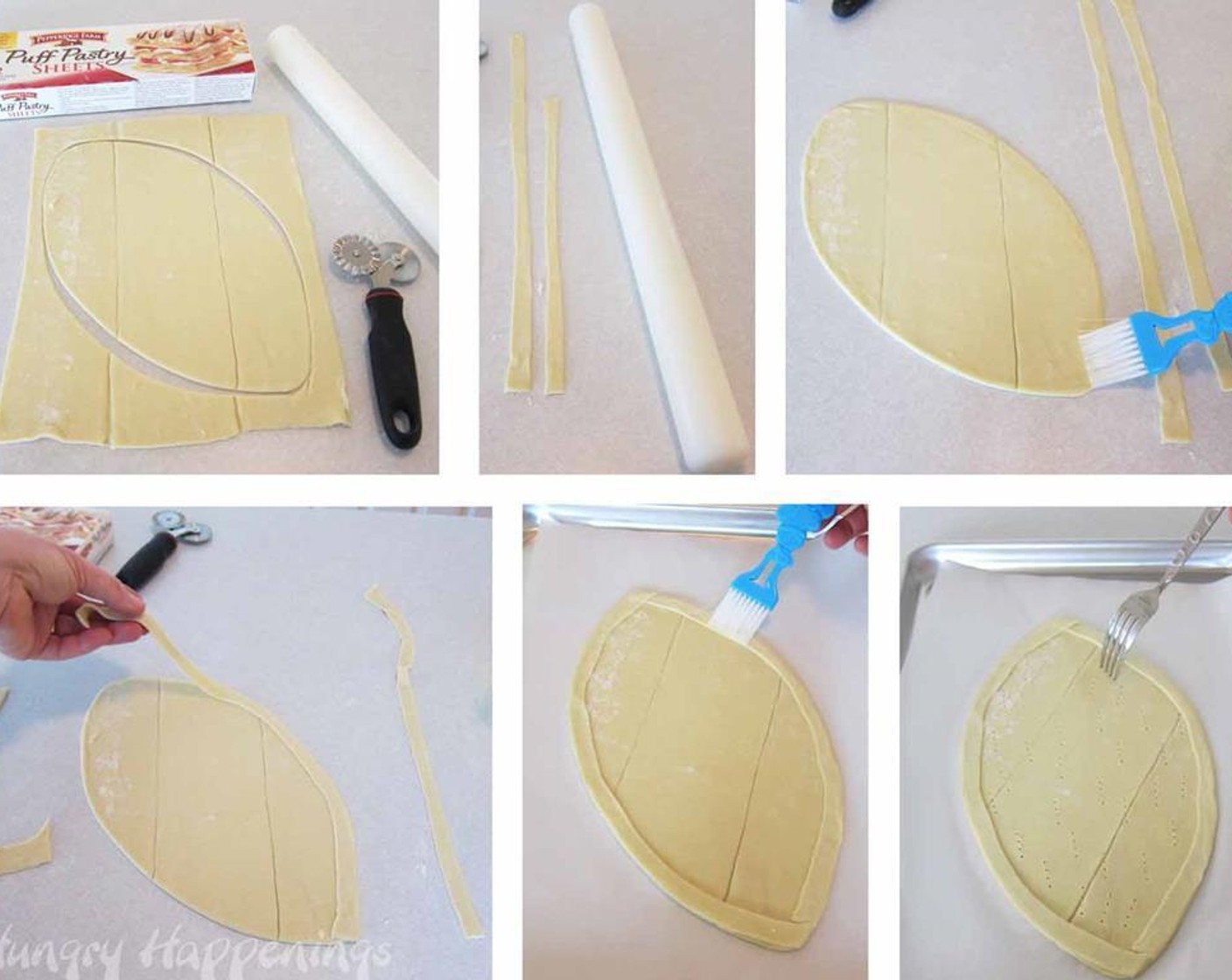 step 2 Lightly dust a cutting board with flour. Unfold the Puff Pastry (1 pckg). Use a rolling pin to roll the pastry dough into a 12x14-inch rectangle. Cut 1/4-inch wide strip from each side of the dough.