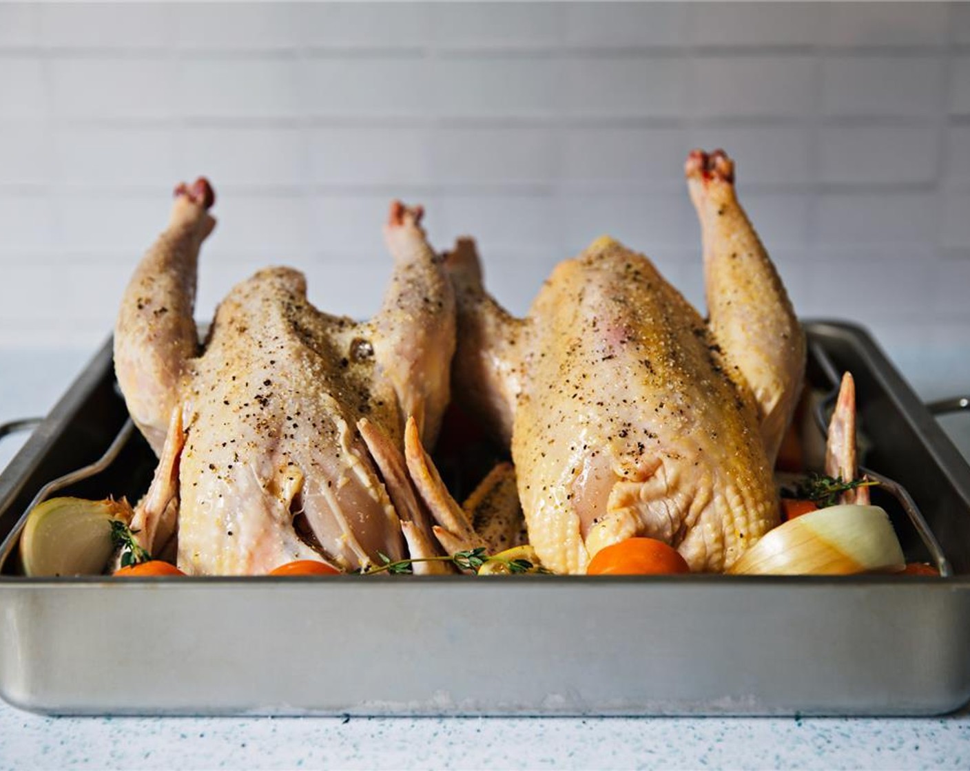 step 9 Place in oven for an hour and a half, or until cooked through. Every 500 grams of chicken will need about 30 minutes in the oven.