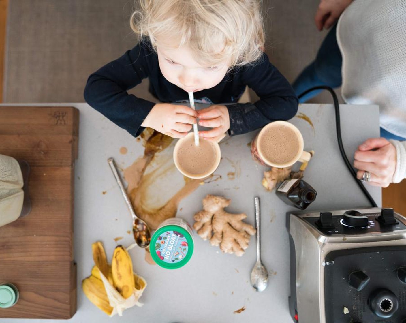 step 1 Place the Full-Fat Coconut Milk (1 can), Bananas (2), Blackstrap Molasses (2 Tbsp), Simply Organic Cinnamon, Ground (1 tsp), Pure Vanilla Extract (1/2 tsp), Fresh Ginger (2 pieces), and Protein Powder (1 scoop) into your blender and give it a whirl!