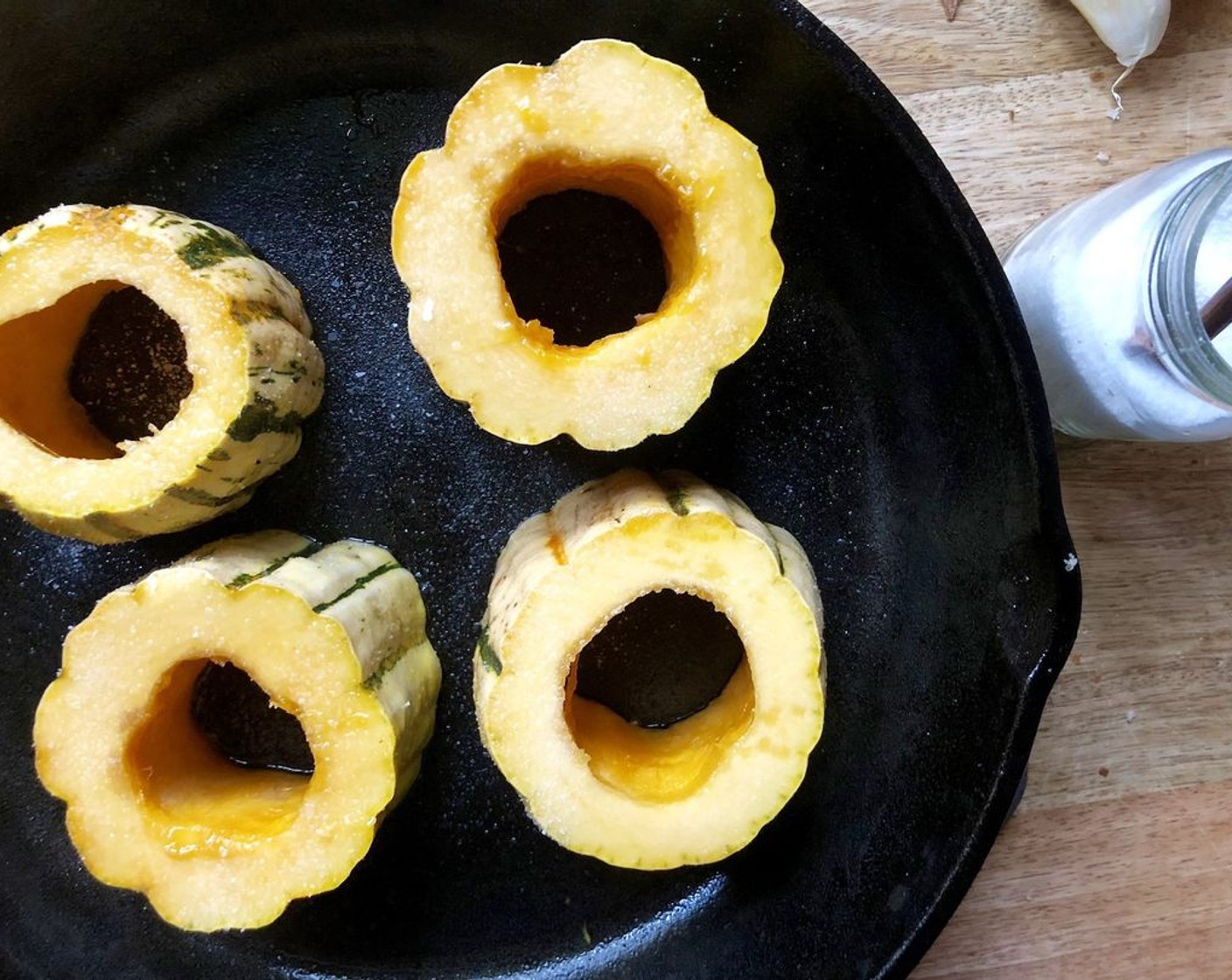 step 4 Cut the Delicata Squash (3 cups) into four 1 3/4- to 2-inch-thick rings. Using a spoon or melon baller, scoop out the seeds and flesh to create a 1 1/2- to a 2-inch-diameter hole.