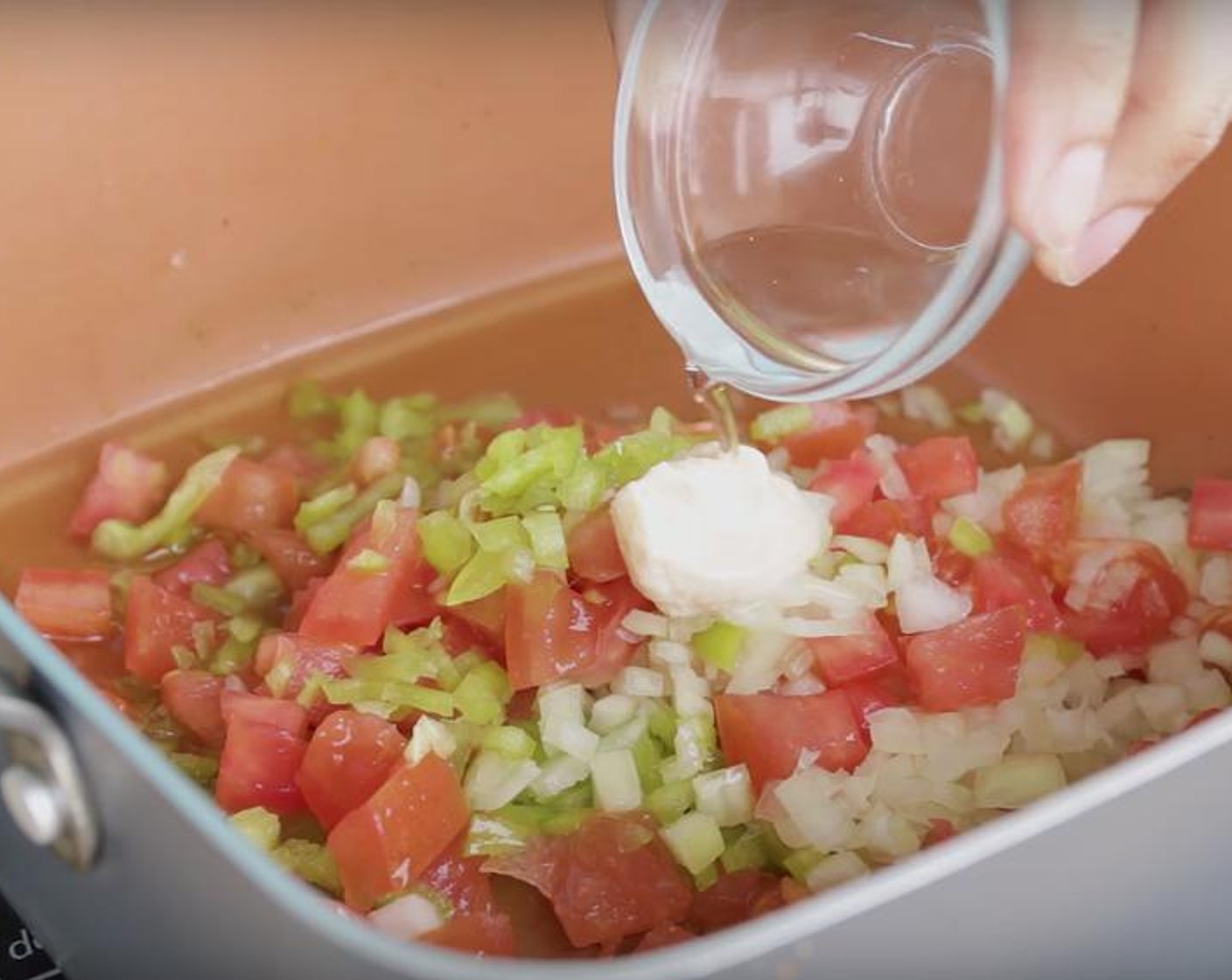 step 4 In a pan over medium heat, add a little bit of Oil (as needed) and let it get hot. Add Cubanelle Pepper (1), Plum Tomato (1), Onion (1), Garlic Paste (1/2 tsp), and Distilled White Vinegar (1 tsp).