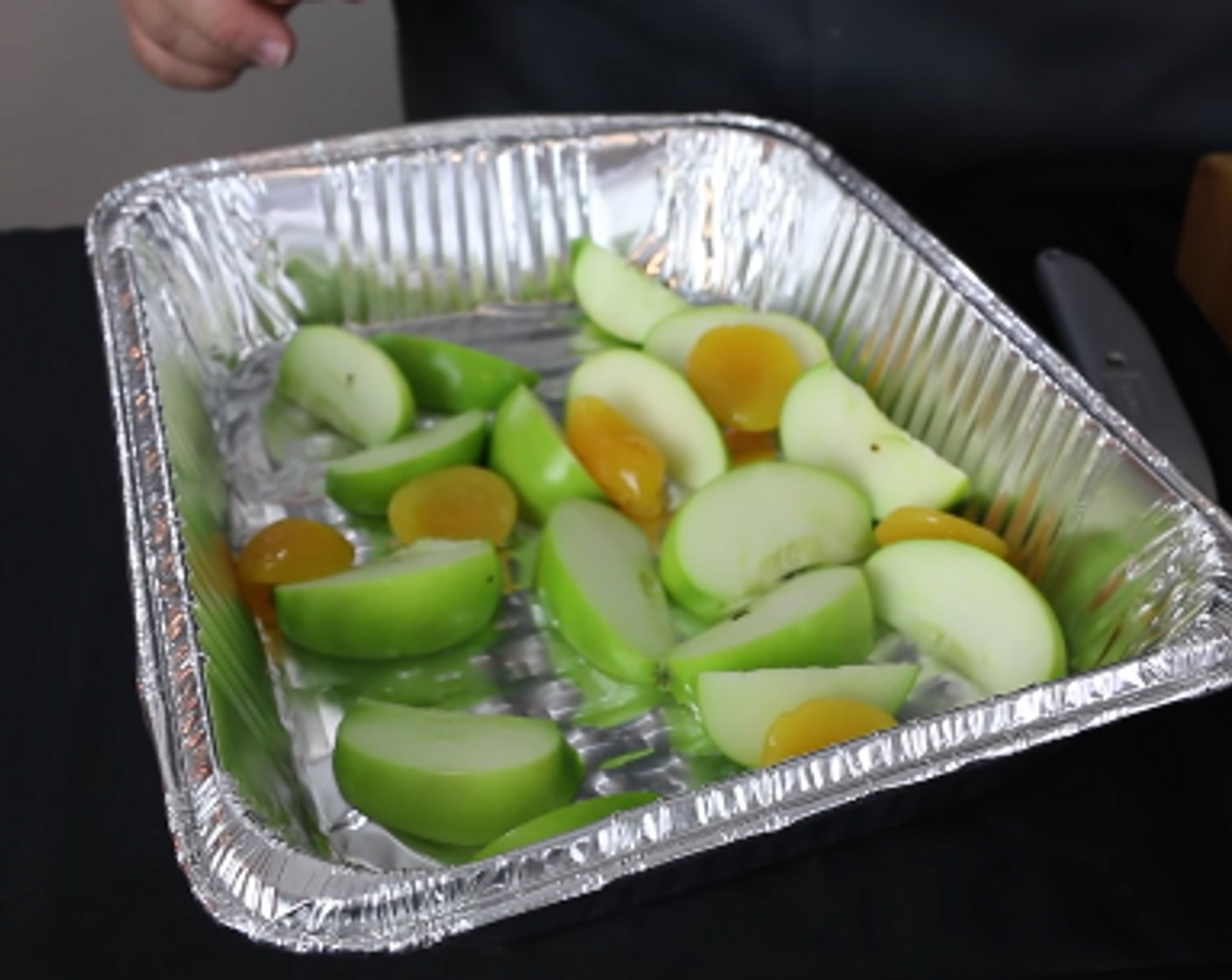 step 1 Add Granny Smith Apples (2), Apricot (1 cup), and Apple Juice (1/2 cup) to the bottom of aluminum pan.