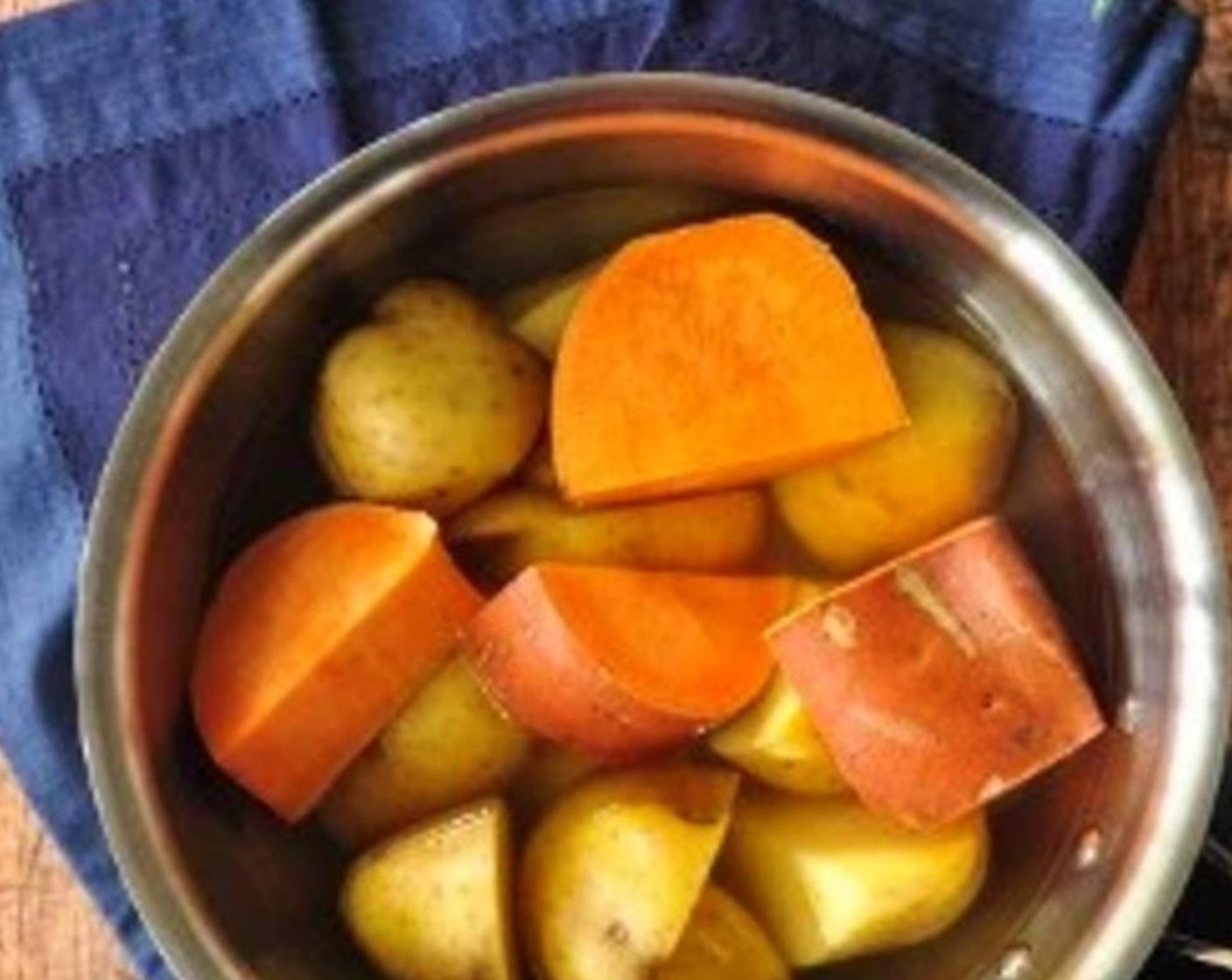 step 2 In a medium saucepan, place gold potatoes at the bottom, sweet potatoes on top, then add just enough water to cover all the potatoes. Bring to a boil and simmer until potatoes are fork tender but not falling apart, about 25-30 minutes.