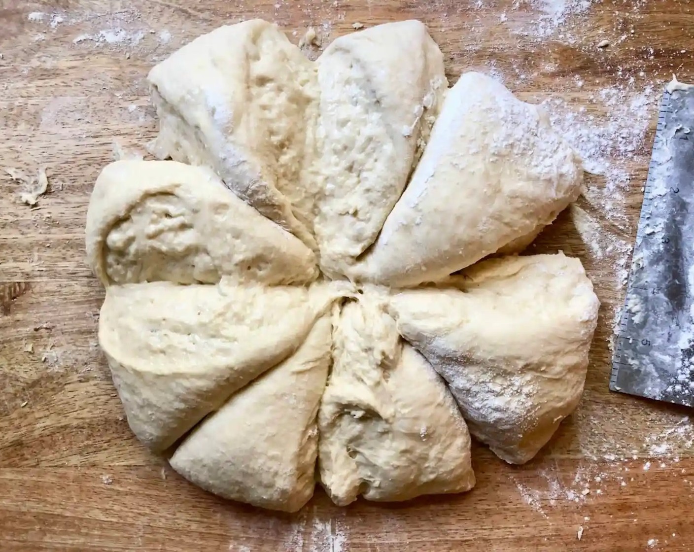 step 6 Cover your work surface lightly with flour. Deflate the dough, turn it out onto the work surface, and divide it into 8 to 10 equal portions. Using as much flour as necessary, roll each portion into a ball, and place it on a parchment-lined sheet pan or two.