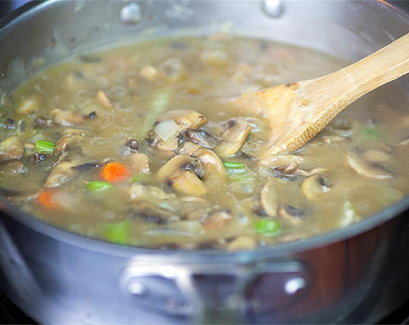 step 8 Sprinkle the All-Purpose Flour (4 Tbsp)on the veggies and stir to mix. Pour 3 more cups of Chicken Broth (3 cups) over that and combine with Heavy Cream (1/2 cup).  Bring to gentle boil and allow to thicken. Add Salt (1 tsp) and Ground Black Pepper (1 tsp).