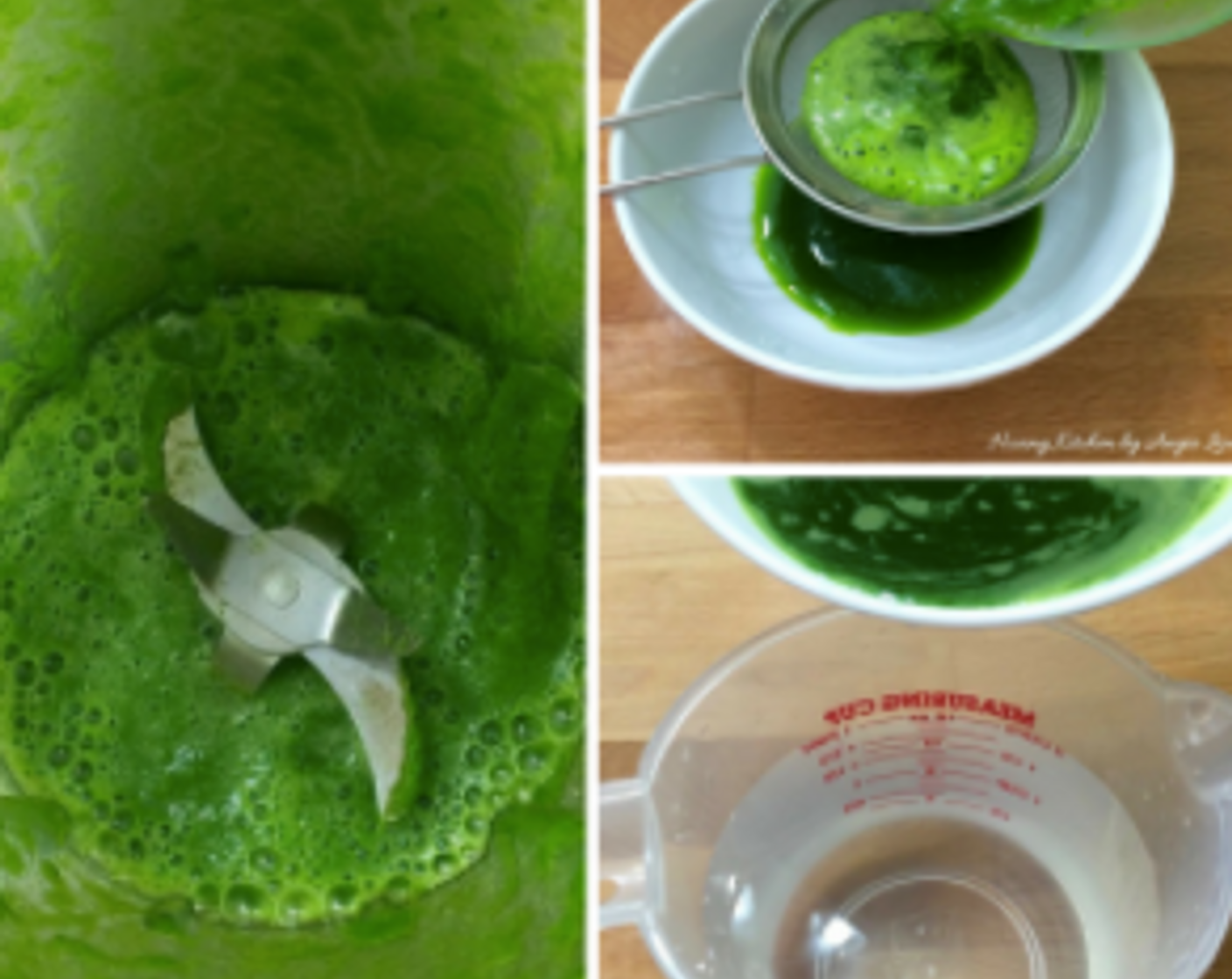 step 4 Meanwhile make pandan juice by blending Pandan Leaves (to taste) and Water (2 1/2 cups). Strain the juice and top up with more water to 600ml.