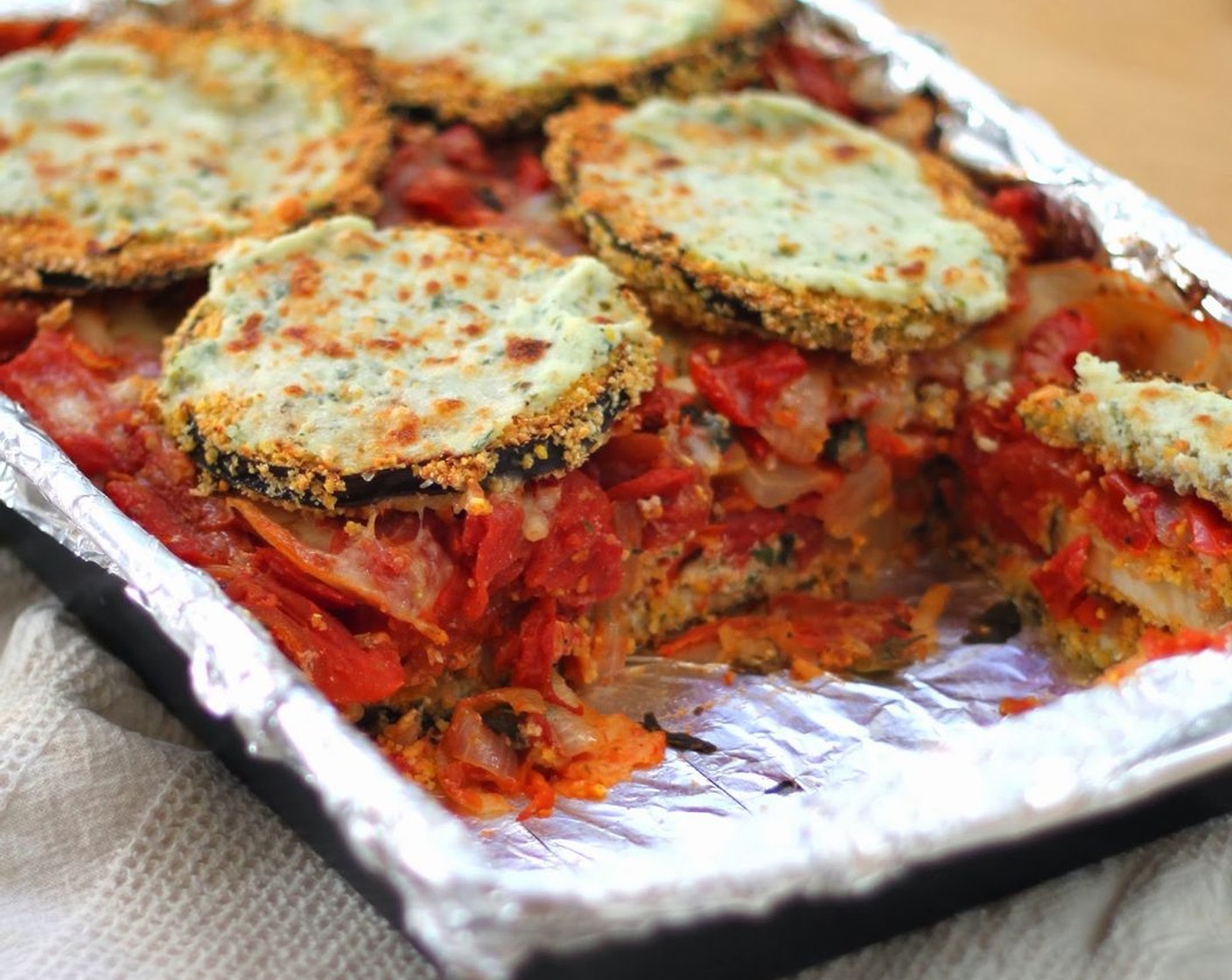 Cornmeal Crusted Eggplant & Roasted Tomato Lasagna