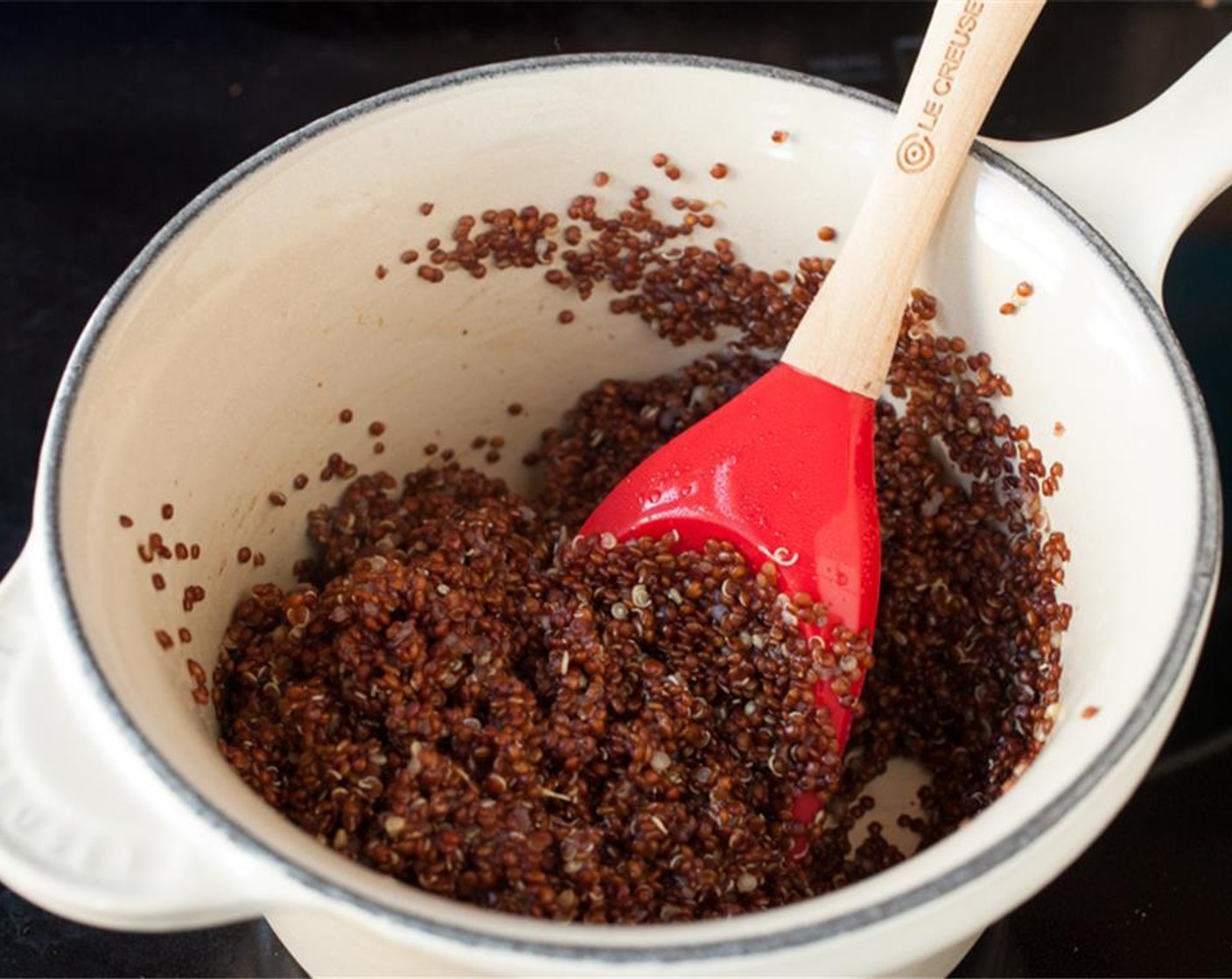 step 1 Place Red Quinoa (3/4 cup), 1 cup of water, and a pinch of salt in a small pot over high heat. Boil, then reduce heat to low and simmer until water has evaporated and quinoa is tender (about 10 minutes). Remove pot from heat, cover, and set aside.