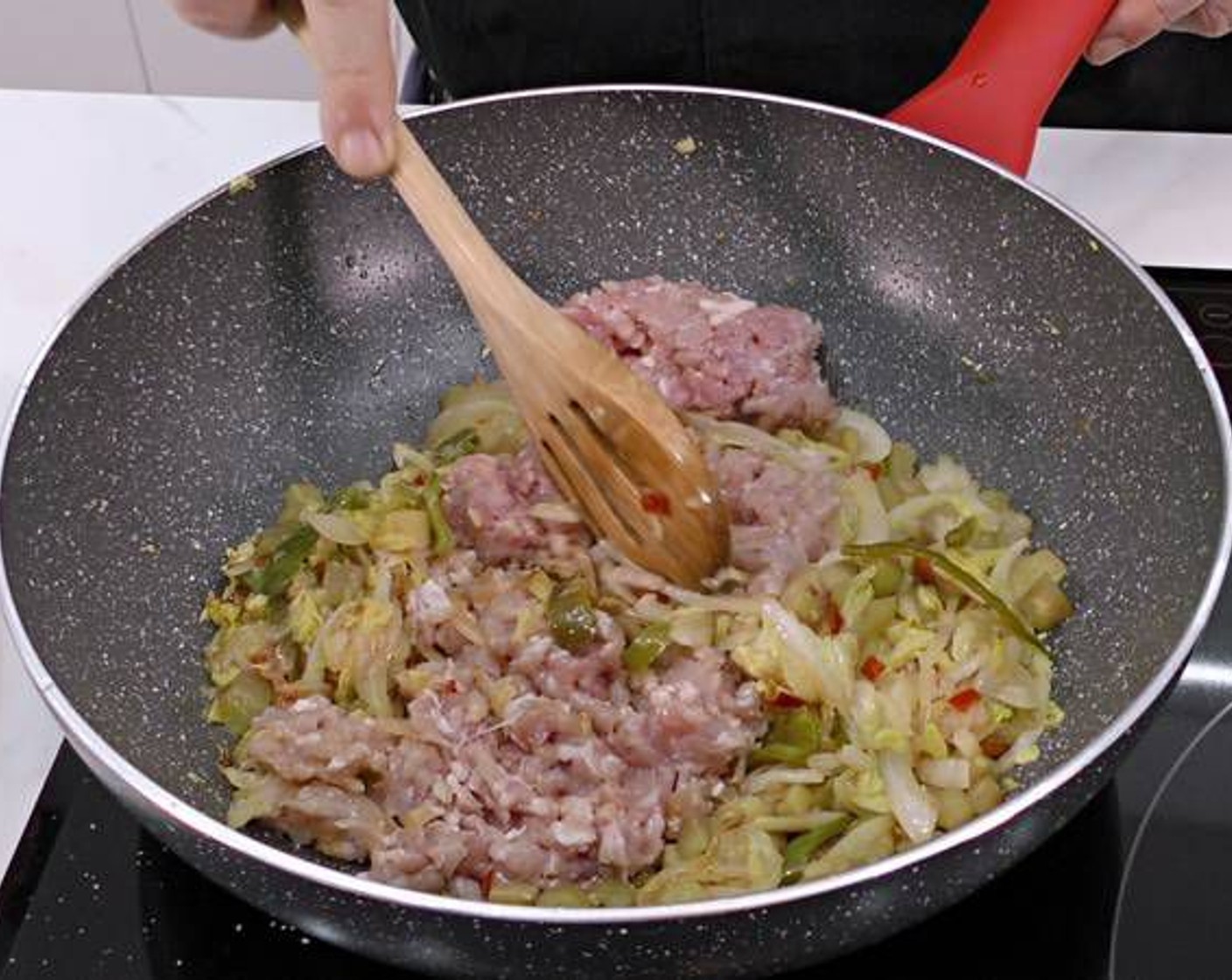 step 9 Add in the Ground Chicken (to taste) and mince into the veggies as you mix thoroughly.