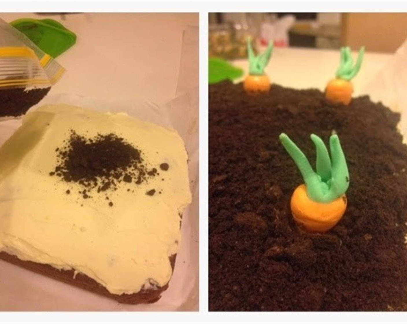step 15 Sprinkle the crumbled Oreos on top of the cake and plant those cute little carrots into the cake. Serve and enjoy!
