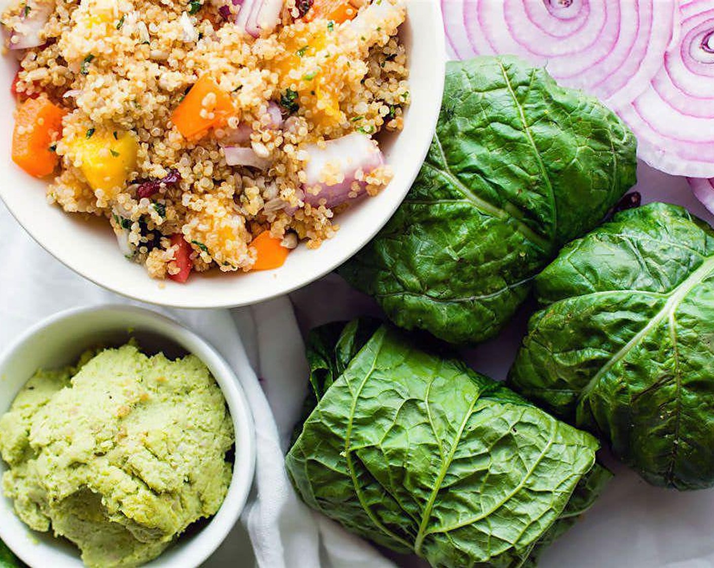 Quinoa Salad Collard Wraps with Edamame Pesto