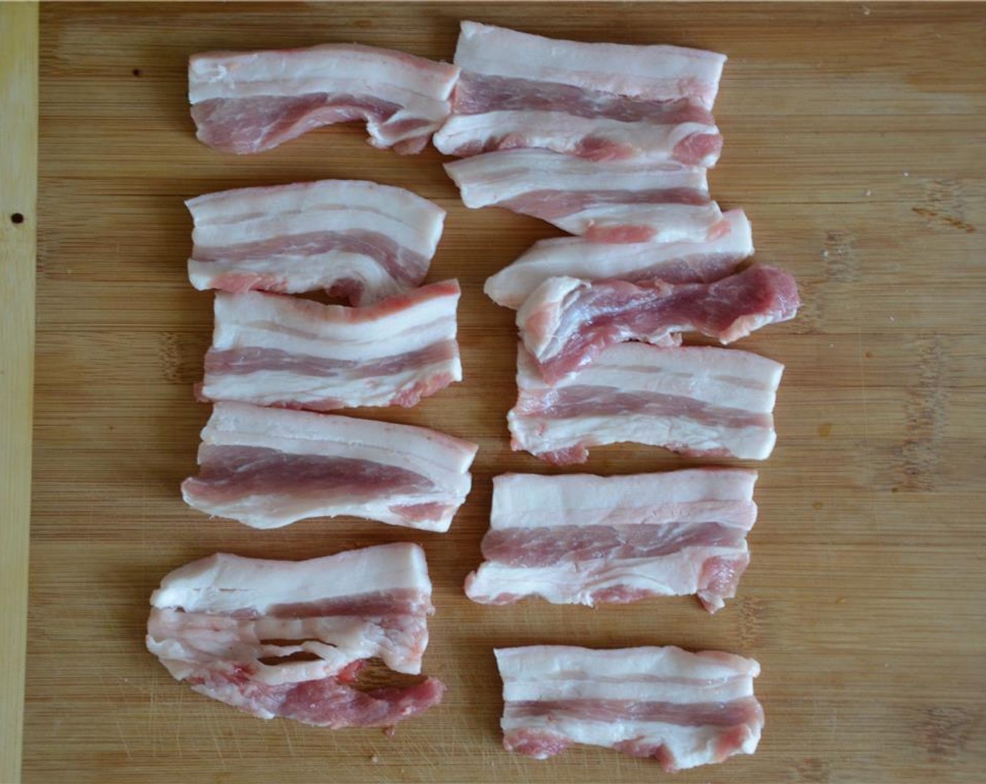 step 1 Have your butcher slice your Pork Belly (1.3 lb) into 1/4-inch thick pieces, lengthwise; similar to thick cut bacon. The thinner they are the quicker they cook.