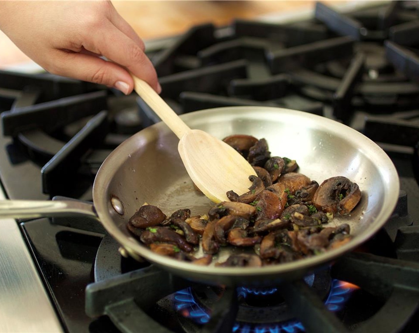 step 9 Heat a medium sauté pan over medium high heat. Add Olive Oil (1 tsp) to the sauté pan. Add mushrooms and cook until soft, about 5 minutes.