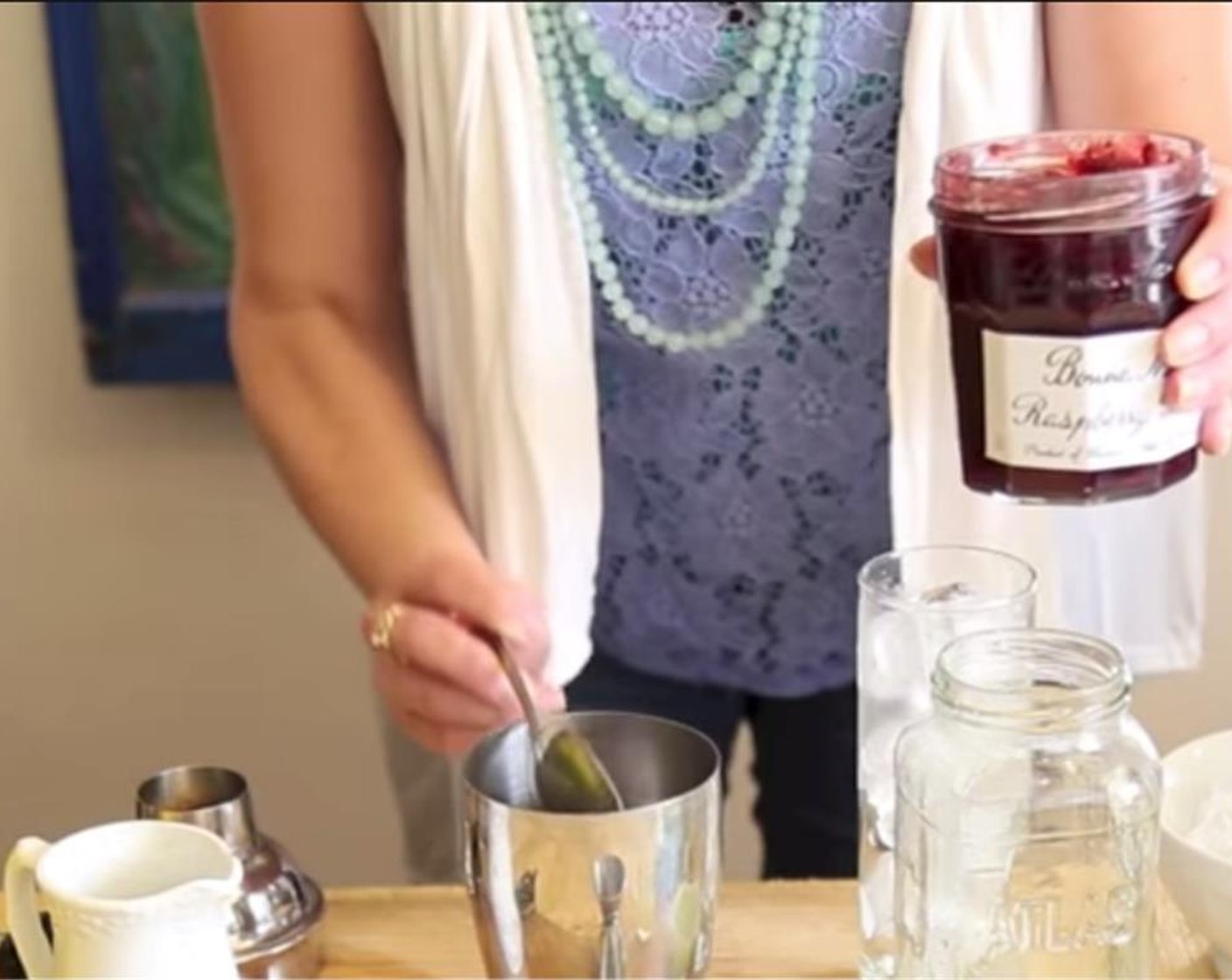 step 2 Add Raspberry Preserves (1 tsp), GREY GOOSE® Vodka (1.5 fl oz), the juice of Lemon (1) and Lime (1) and Ice (to taste) to the shaker tin, and shake until frosty.