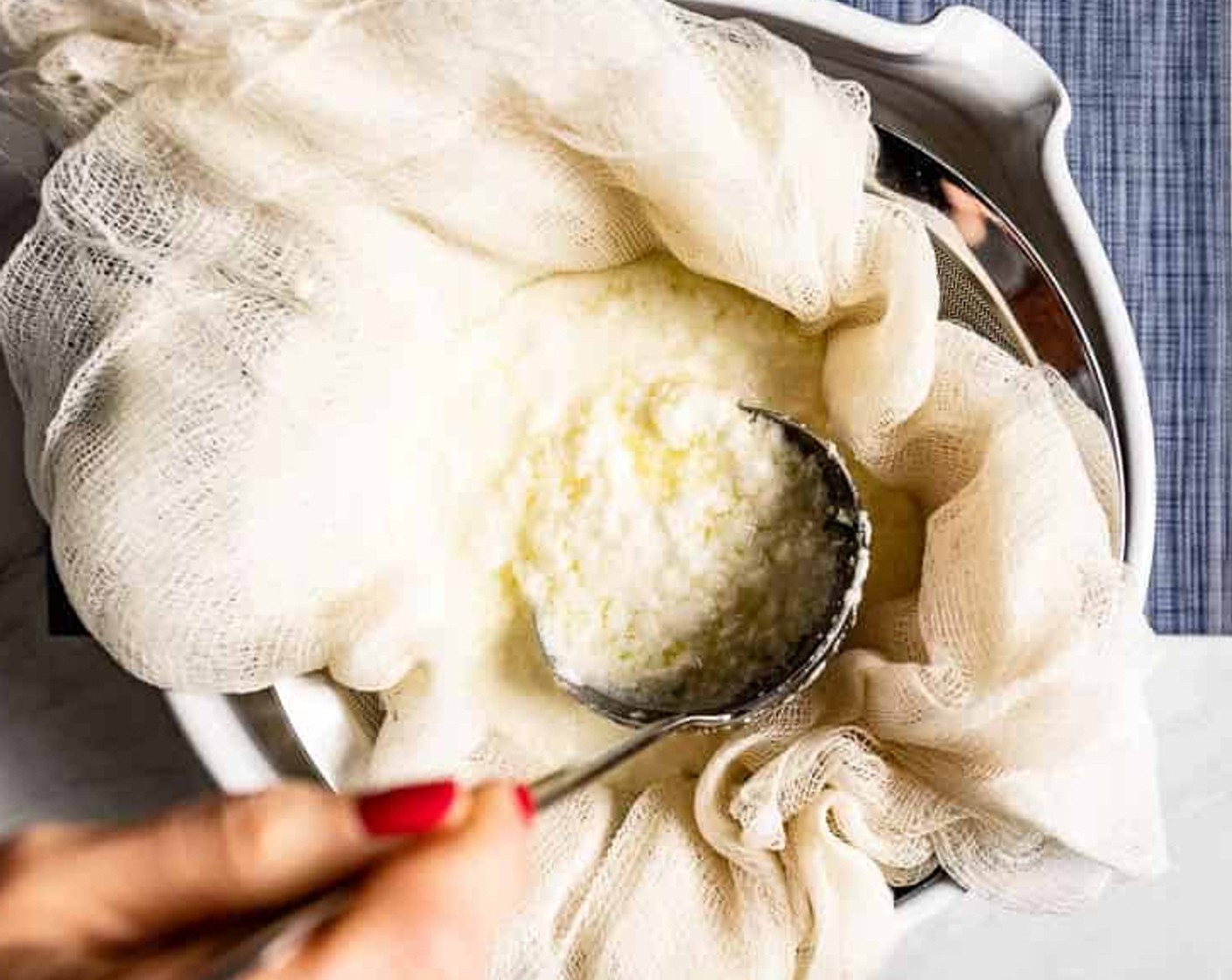 step 5 Pour the mixture into the colander lined with cheesecloth and let it drain for at least an hour, or more like 2 hours.