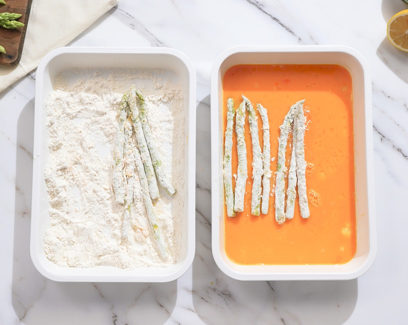 step 4 One by one, roll each Asparagus (3 cups) in the flour tray, then dip in the egg tray, then roll in the flour and egg one more time.