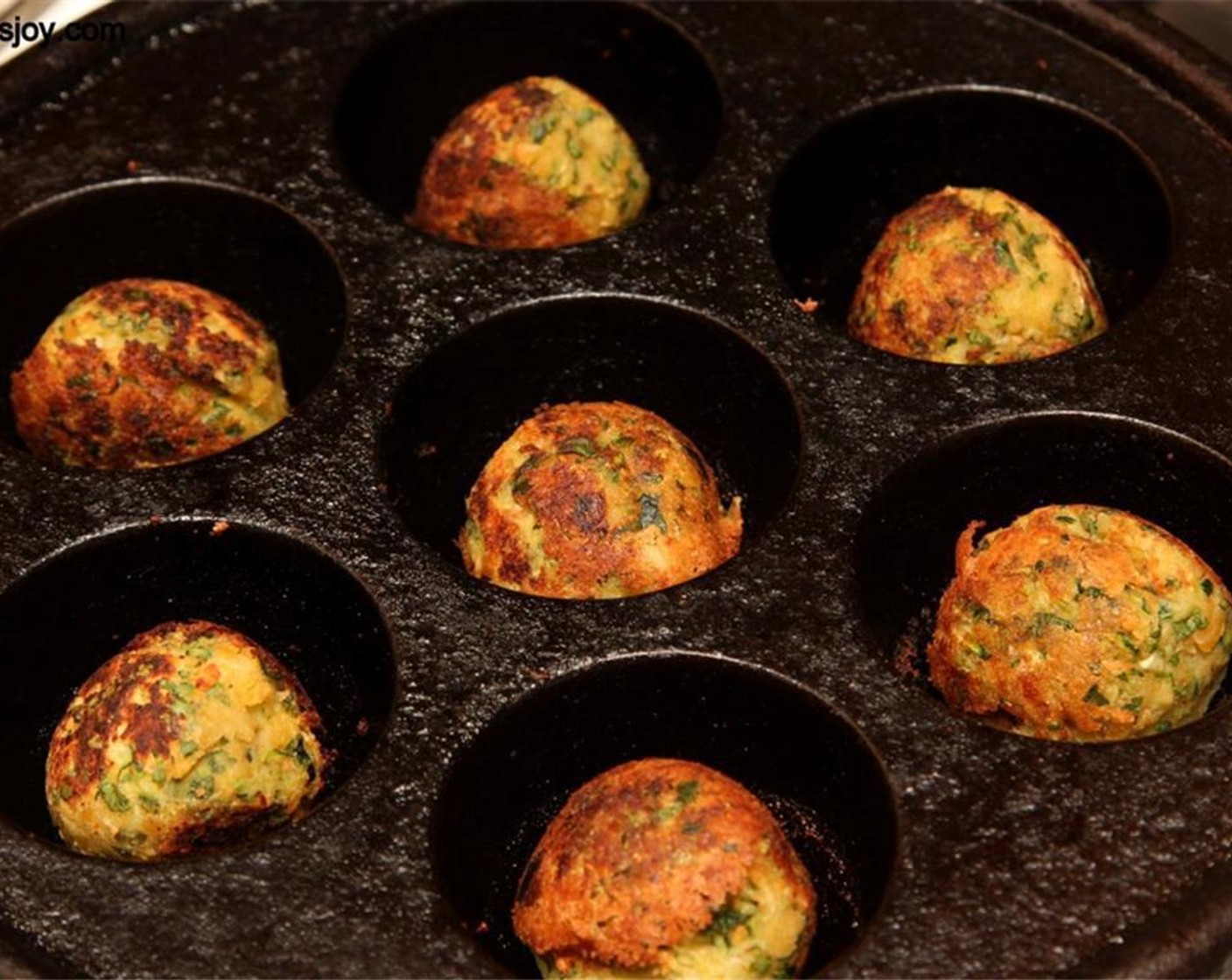 step 8 Make small balls of the mix and fry them in a pancake puff pan or flatten the balls, place on a greased baking sheet and bake in a preheated 400 degrees F (200 degrees C) oven for 20 min, flip over and then bake for another 10 - 15 minutes.