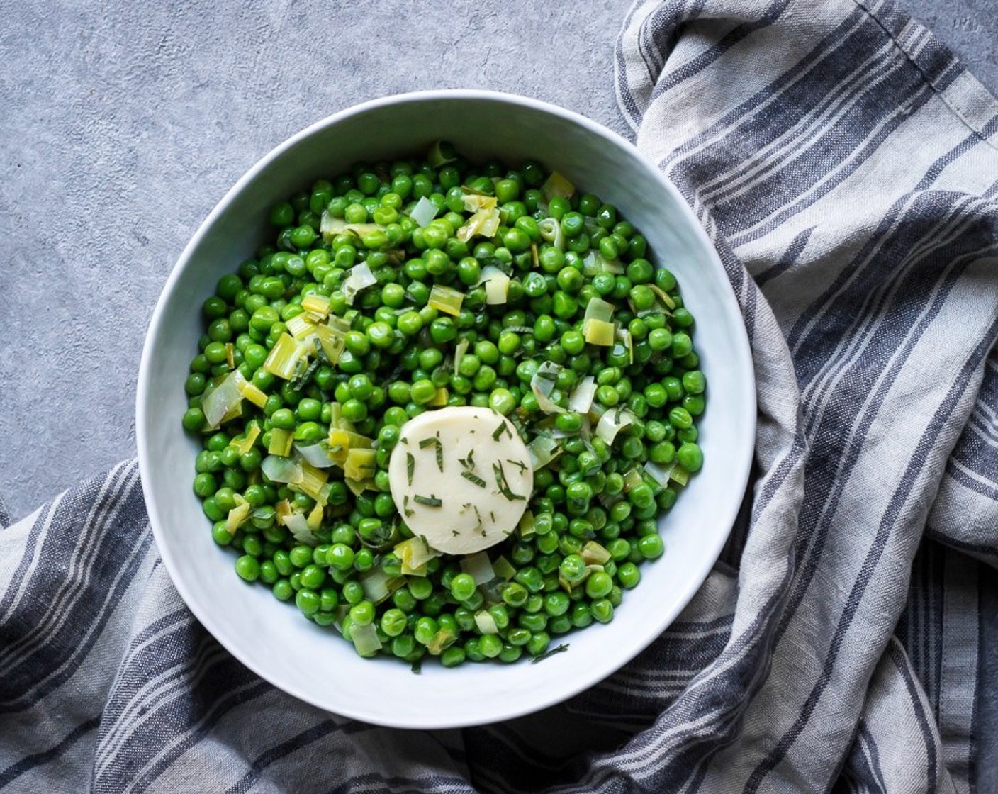 step 7 To serve, place buttered peas and leeks in a serving bowl and top with remaining 1 tablespoon of Butter (1 Tbsp) and Fresh Mint (1 Tbsp).