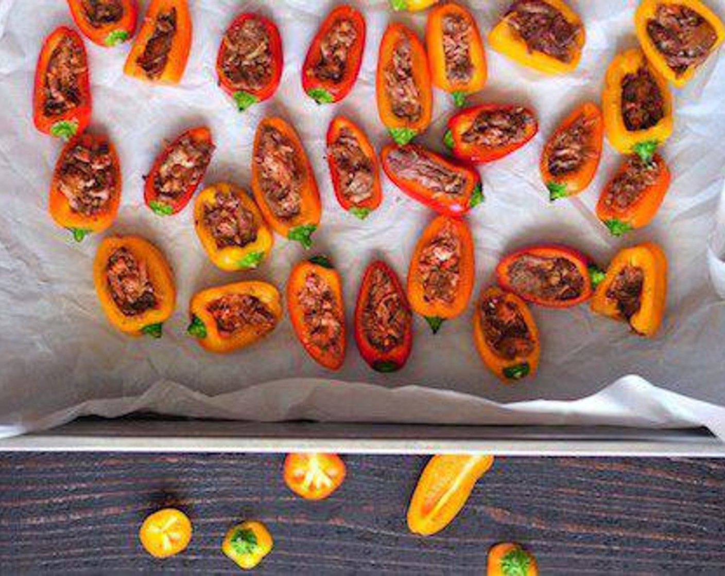 step 3 Stuff each pepper with Sausage (1 cup)  and place them on the baking sheet in a single layer.