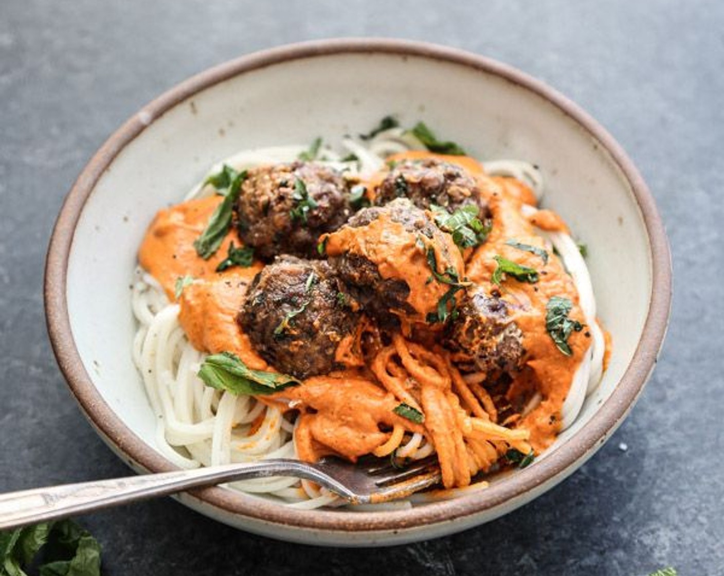 Spaghetti & Cumin-Spiced Lamb Meatballs with No-Cook Romesco Sauce