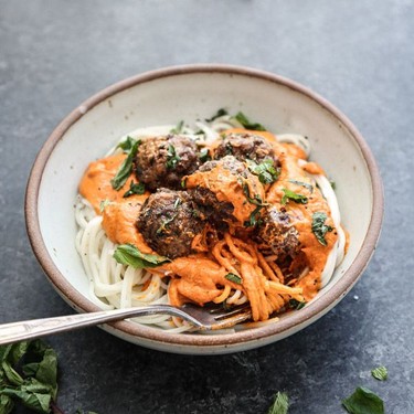 Spaghetti & Cumin-Spiced Lamb Meatballs with No-Cook Romesco Sauce Recipe | SideChef
