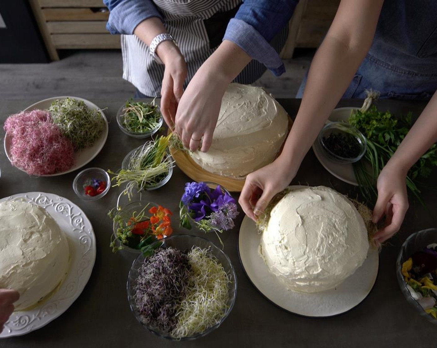 step 13 Decorate the side of the cake with Multi-Colored Sprouts (to taste) and decorate the top of the cake with Edible Flowers (to taste).