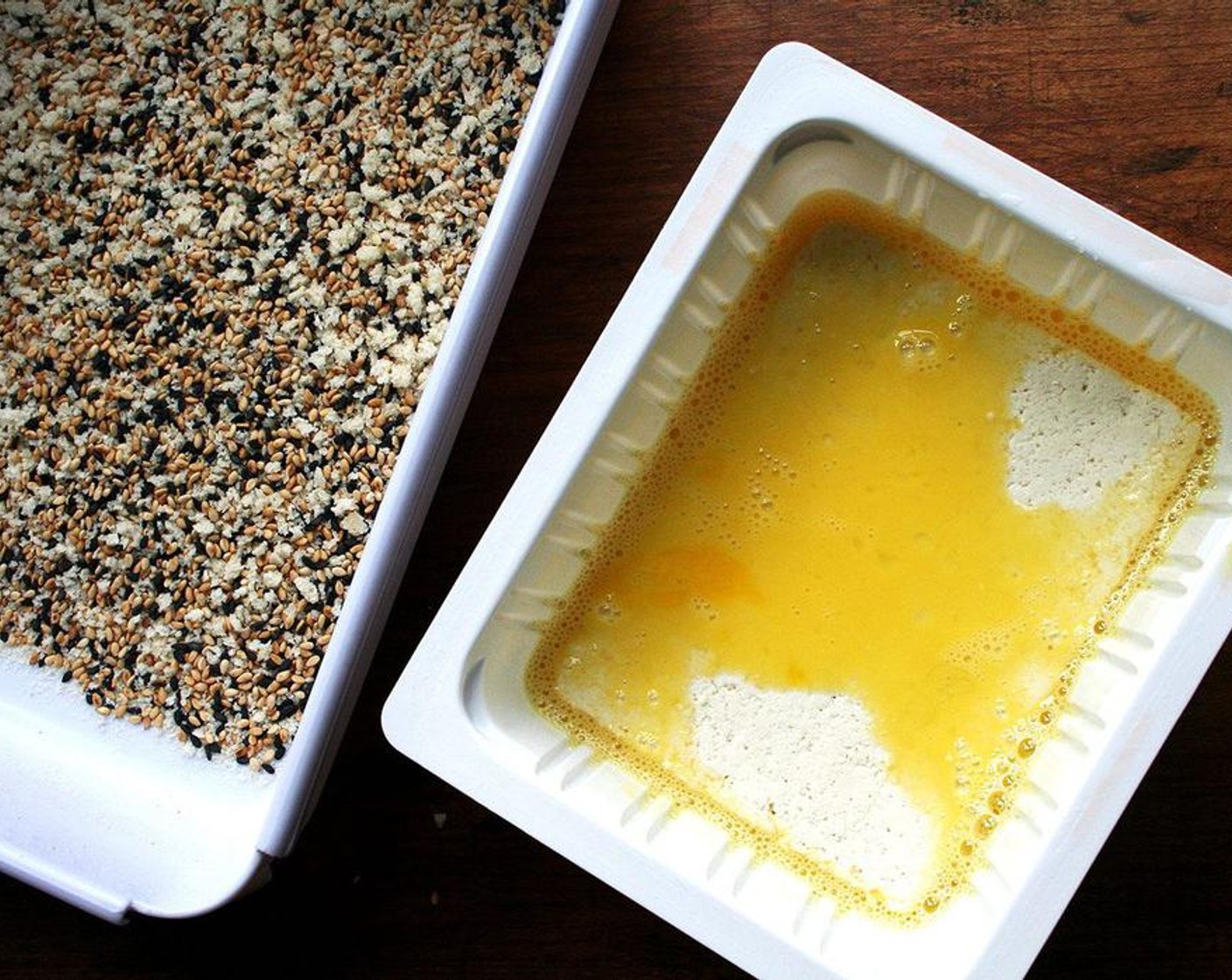 step 4 In a small shallow vessel with sides, beat the Egg (1) with 1 tsp Water. In another small shallow vessel with sides, stir together the Kosher Salt (1/4 tsp), Panko Breadcrumbs (3 Tbsp), White Sesame Seeds (2 Tbsp), and Black Sesame Seeds (1 Tbsp).