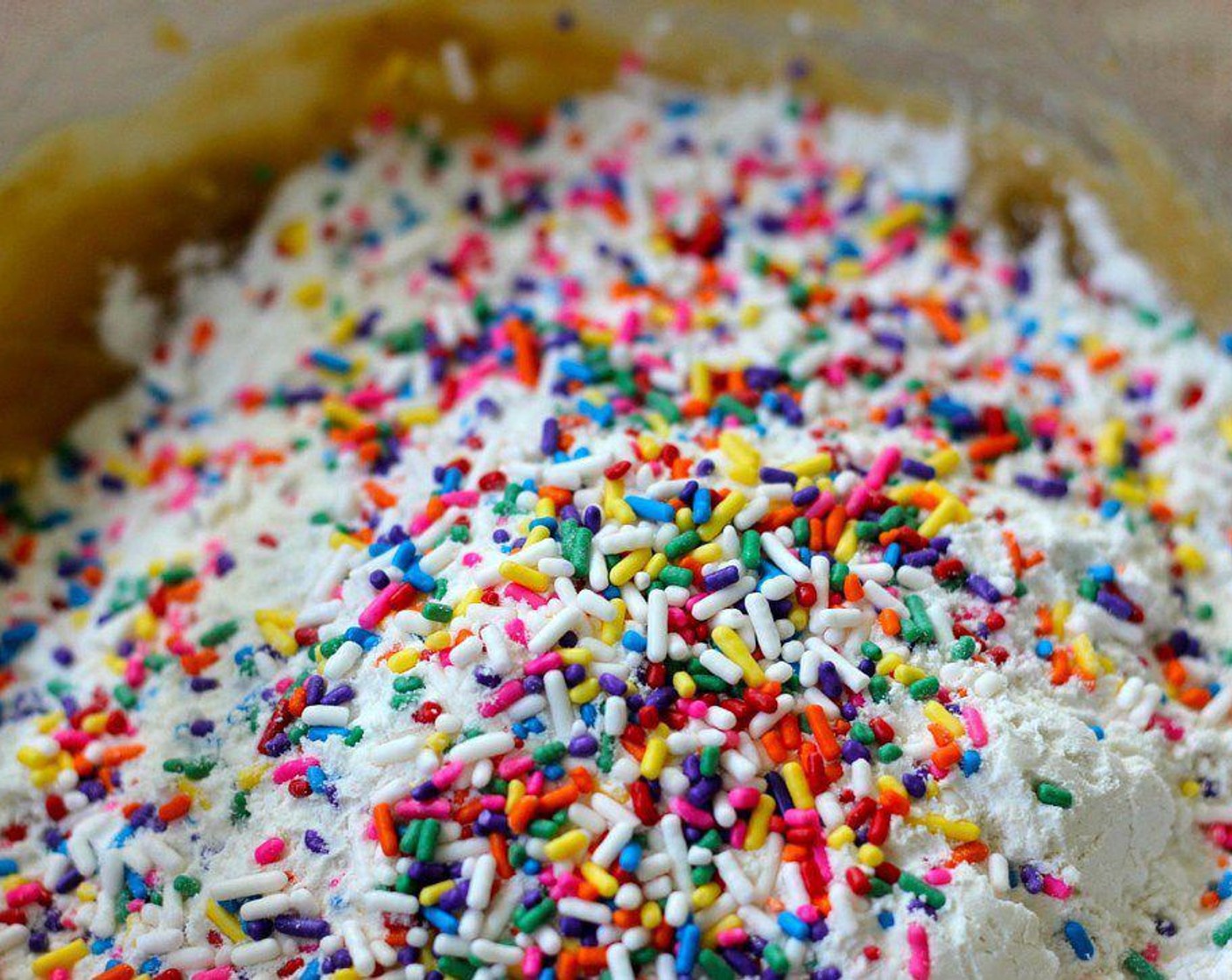 step 3 Add All-Purpose Flour (1 cup), Sprinkles (3 Tbsp), and Salt (1 pinch). Mix together until well combined.
