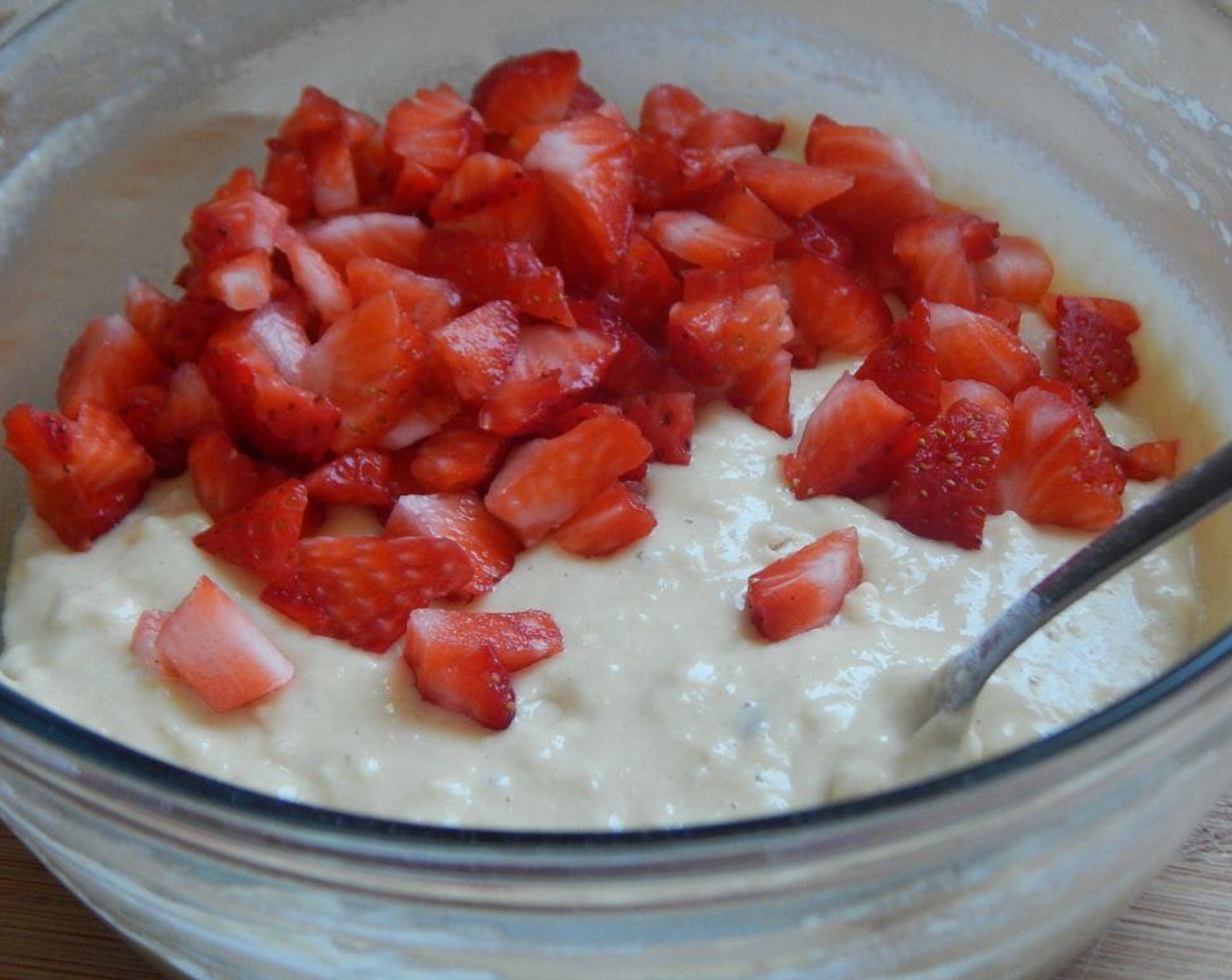 step 4 Stir in your All-Purpose Flour (1 cup) and Baking Powder (1 tsp). Mix well, then gently fold in the Fresh Strawberry (1/2 cup) and Mini Chocolate Chips (2 Tbsp).