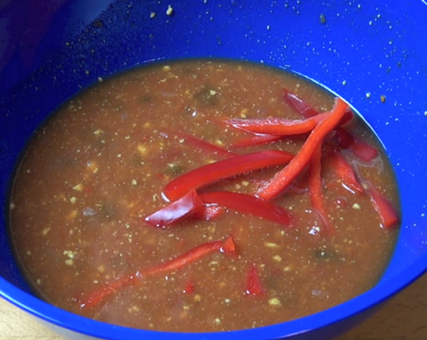 step 1 In a large bowl, add Salsa (1 cup), Yellow Mustard (2 Tbsp), Honey (1 Tbsp), Brown Sugar (1/2 cup) and Water (1 cup). Mix together until fully combined and add Red Bell Pepper (1) and Boneless, Skinless Chicken Breasts (4).