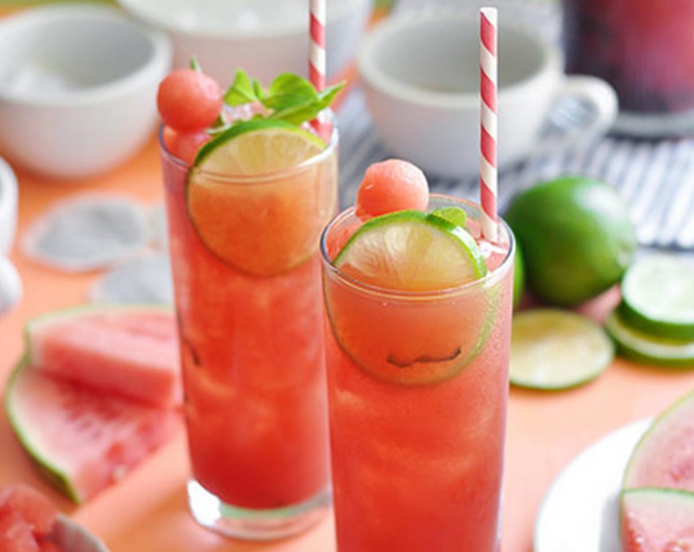 step 10 Serve with lots of ice in tall glasses. Garnish with a few limes slices, fresh basil leaves, and extra watermelon.