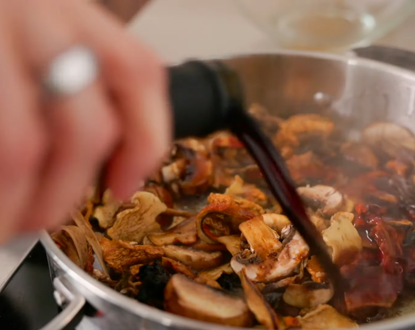 step 8 Add Balsamic Vinegar (3 Tbsp), Tamari Soy Sauce (2 Tbsp), and Maple Syrup (2 Tbsp) and cook for a few more minutes until mushrooms are tender but not soggy.