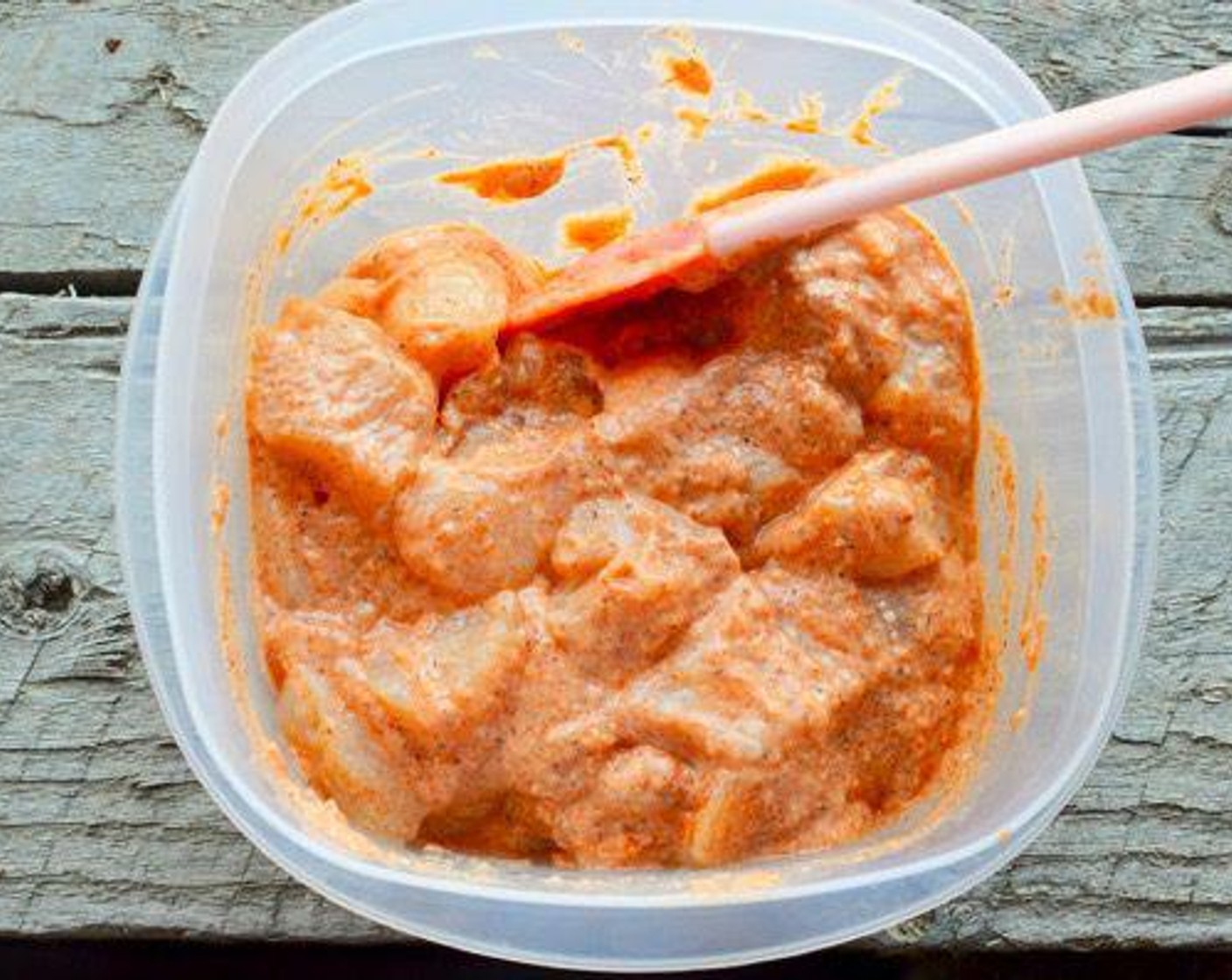 step 2 Then add the Boneless, Skinless Chicken Breasts (2), and mix well so that all the pieces are well coated with the marinade and let it sit for a couple of hours (or overnight).