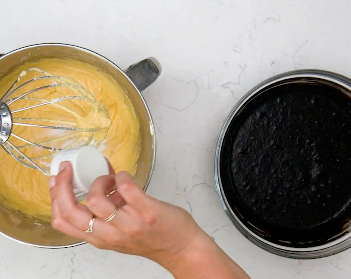 step 4 Add in the Eggs (4), two at a time. Then add Baking Soda (1 tsp), Baking Powder (1/2 Tbsp), and Salt (1 tsp). Mix on high for another minute.