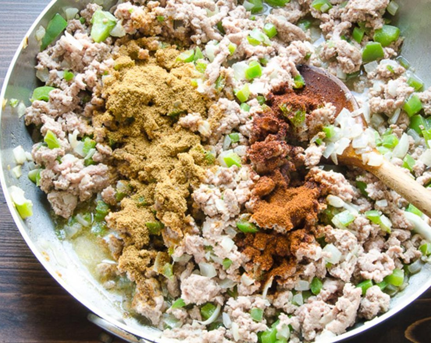 step 7 Add the Ground Turkey (1 lb) and brown the meat while breaking it apart with the back of a fork or wooden spoon. Add Ground Cumin (1/2 tsp) and Smoked Paprika (1 tsp).