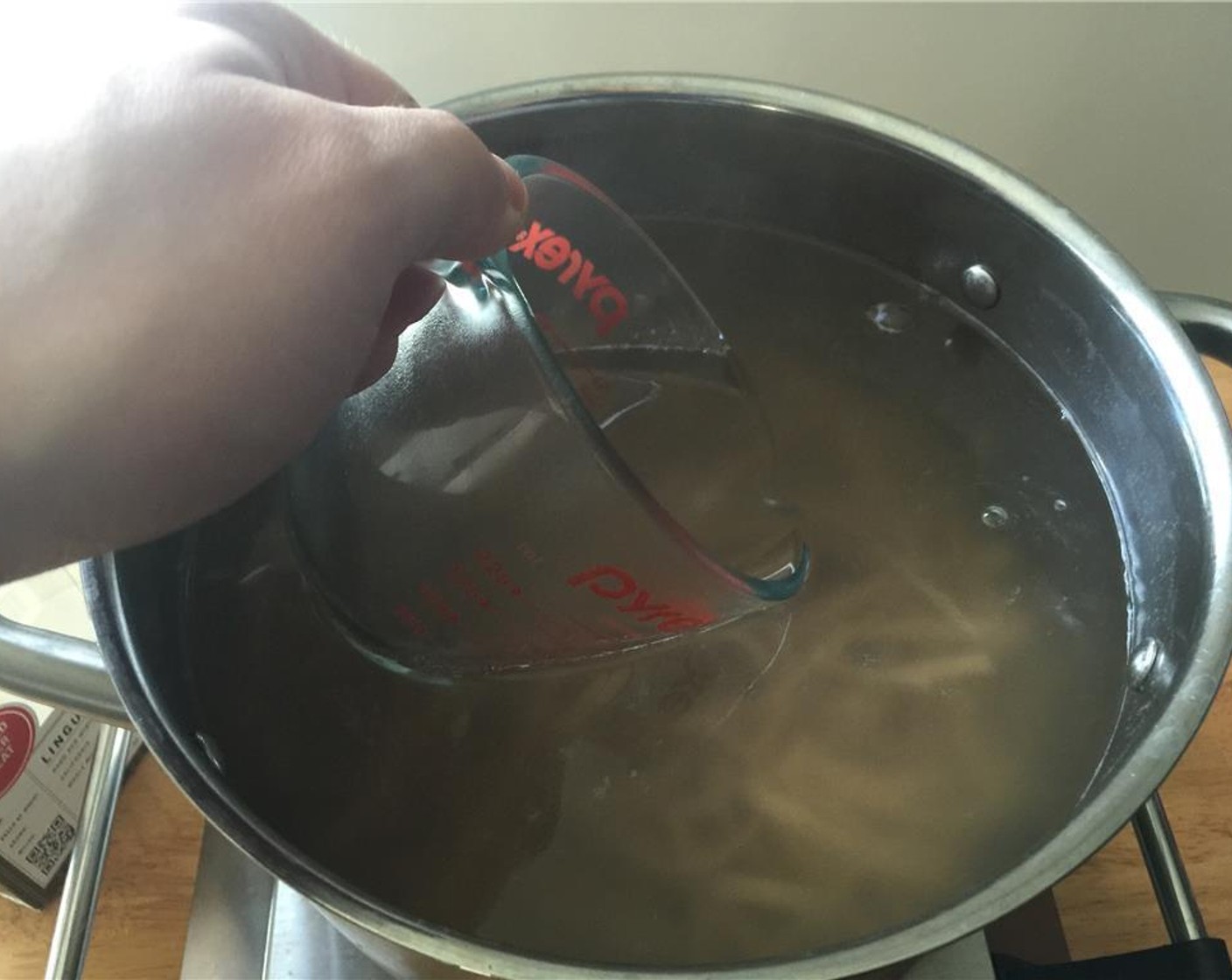 step 6 Add Kosher Salt (2 Tbsp) to the boiling water along with the Whole Wheat Linguine (1 pckg) and cook for 5 minutes. When the linguine is done, scoop out 1/4 cup of some pasta water for later.