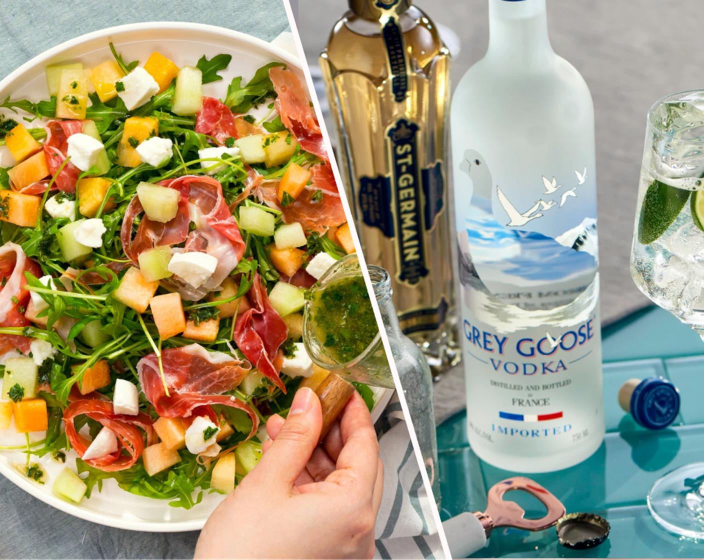 Fresh Prosciutto Melon Salad with Mint Basil Vinaigrette and Le Grand Fizz Cocktail