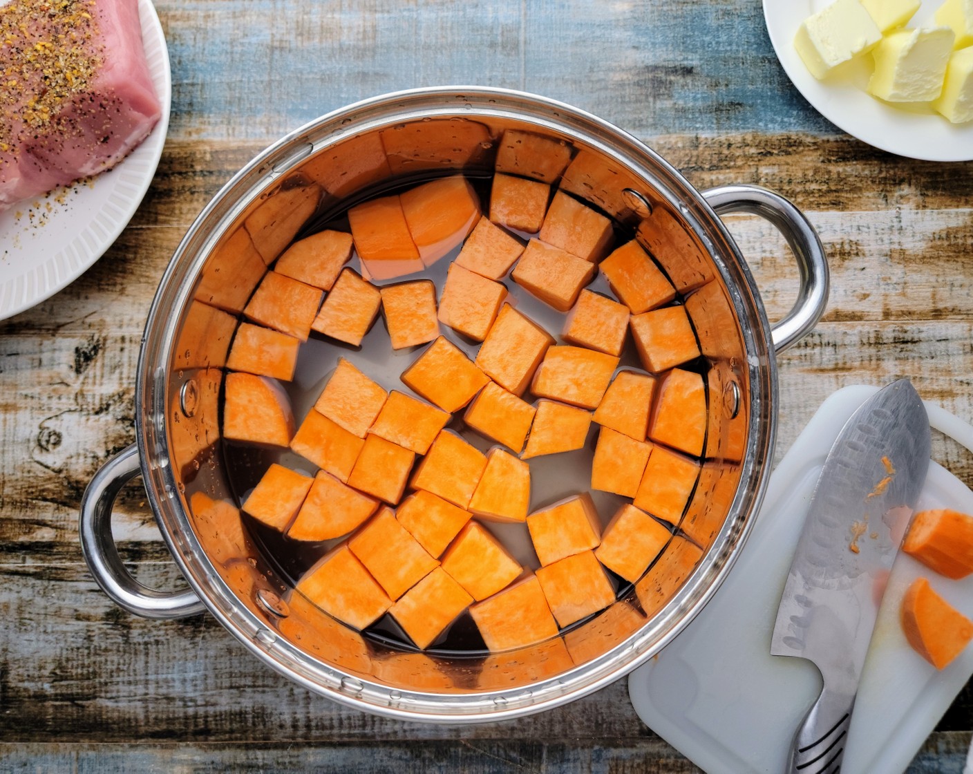 step 2 Peel and dice the Sweet Potatoes (1.3 lb) into ½ inch pieces. Place the potatoes into a medium-sized pot and cover with water. Bring the pot to a boil over high heat, then reduce it to a simmer and cook for about 20 minutes. The sweet potatoes should be fork-tender.