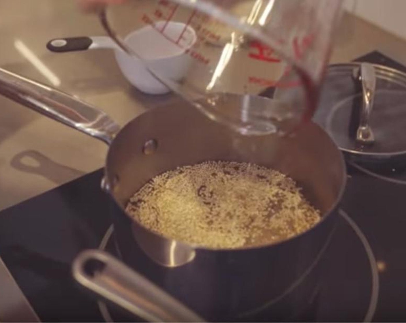 step 1 Boil Water (2 cups) and Quinoa (1 cup) to a boil on stove top. Reduce to a simmer and cook for 12-15 minutes until quinoa is fluffy. Set aside.