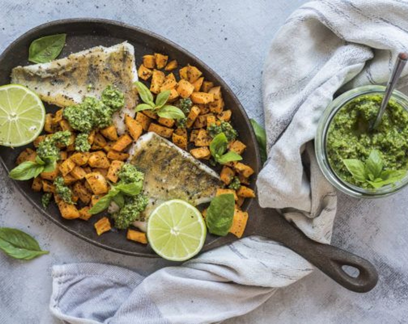step 7 Serve the fish with roasted sweet potato, Lettuce (2 handfuls), and pesto. Sprinkle the fish with the juice from Lemon (1). Enjoy!