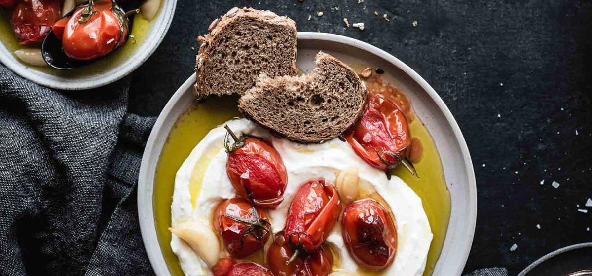 Tomato and Garlic Confit Over Whipped Feta Yogurt Recipe | SideChef