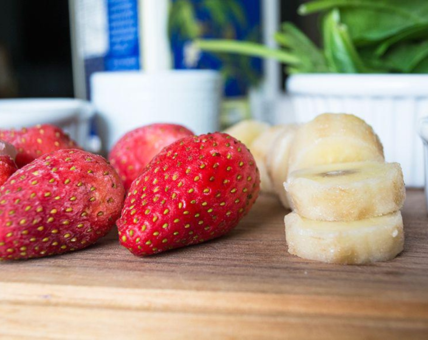 step 1 Remove Banana (1), Frozen Strawberries (7), and Frozen Mixed Berries (1/2 cup), and allow to sit out for 5 to 10 minutes to thaw slightly.