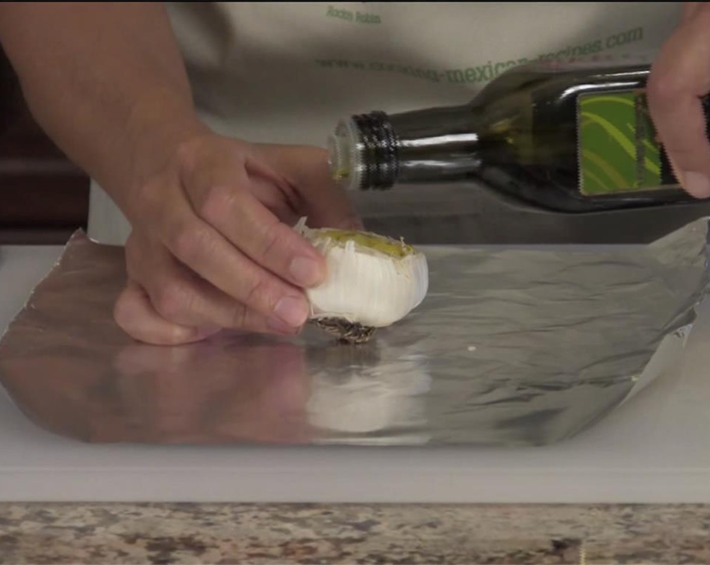 step 2 Slice the top of the Garlic (1 bulb) to expose the cloves. Place bulb cut side up on a piece of foil. Drizzle with Olive Oil (as needed) and seal the foil. Place in the center of the oven, and roast for 45-60 minutes.